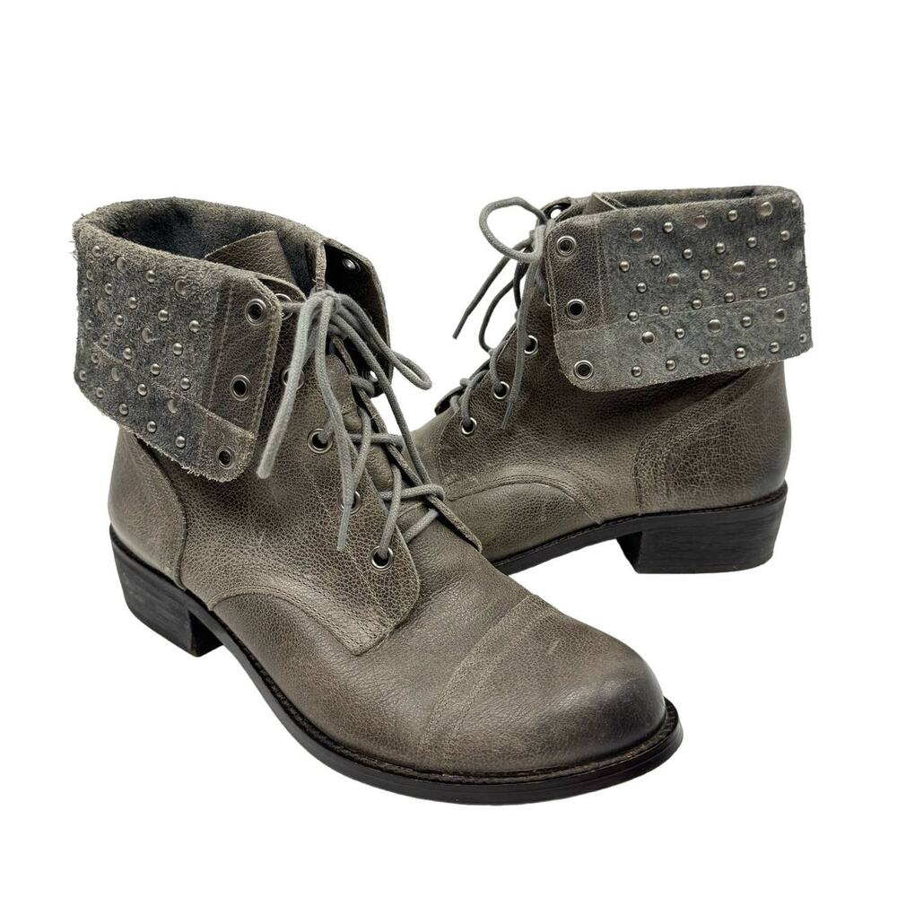Gianni Bini | Sz. 8.5 Cameron Gray Leather Fold Over Studded Lace Up Combat Boot